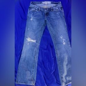 Abercrombie and Fitch, low rise, medium flare, distressed jeans.